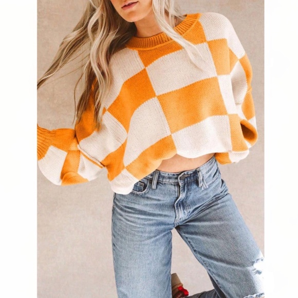 Checkers Orange White Oversized Knit Pullover Sweater - Picture 2 of 13